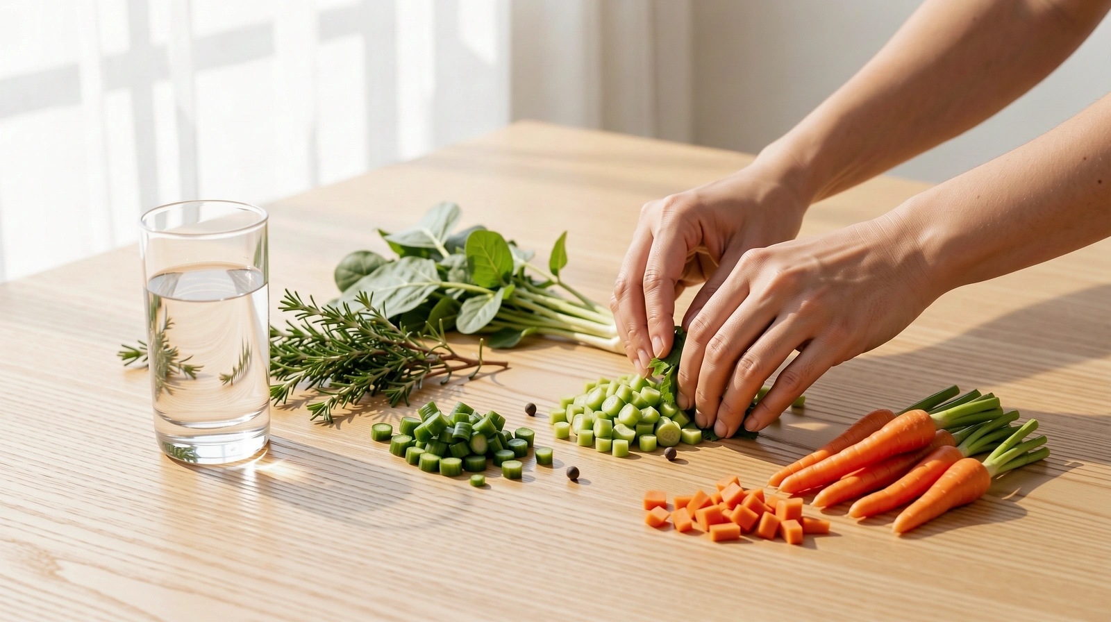 Frische Zutaten in einer modernen, lichtdurchfluteten Küche